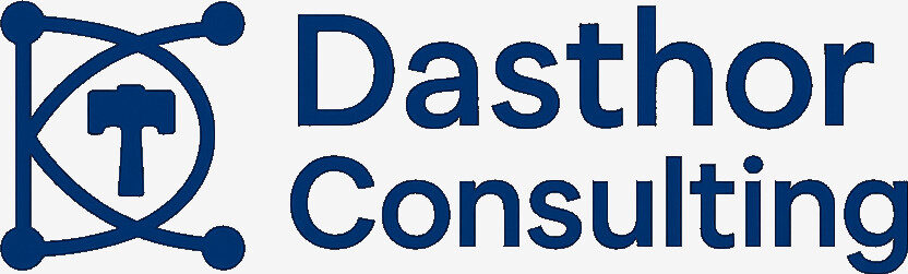 Logo of Dasthor consulting, Mjolnir in the middle of a connected net with the letters D and C